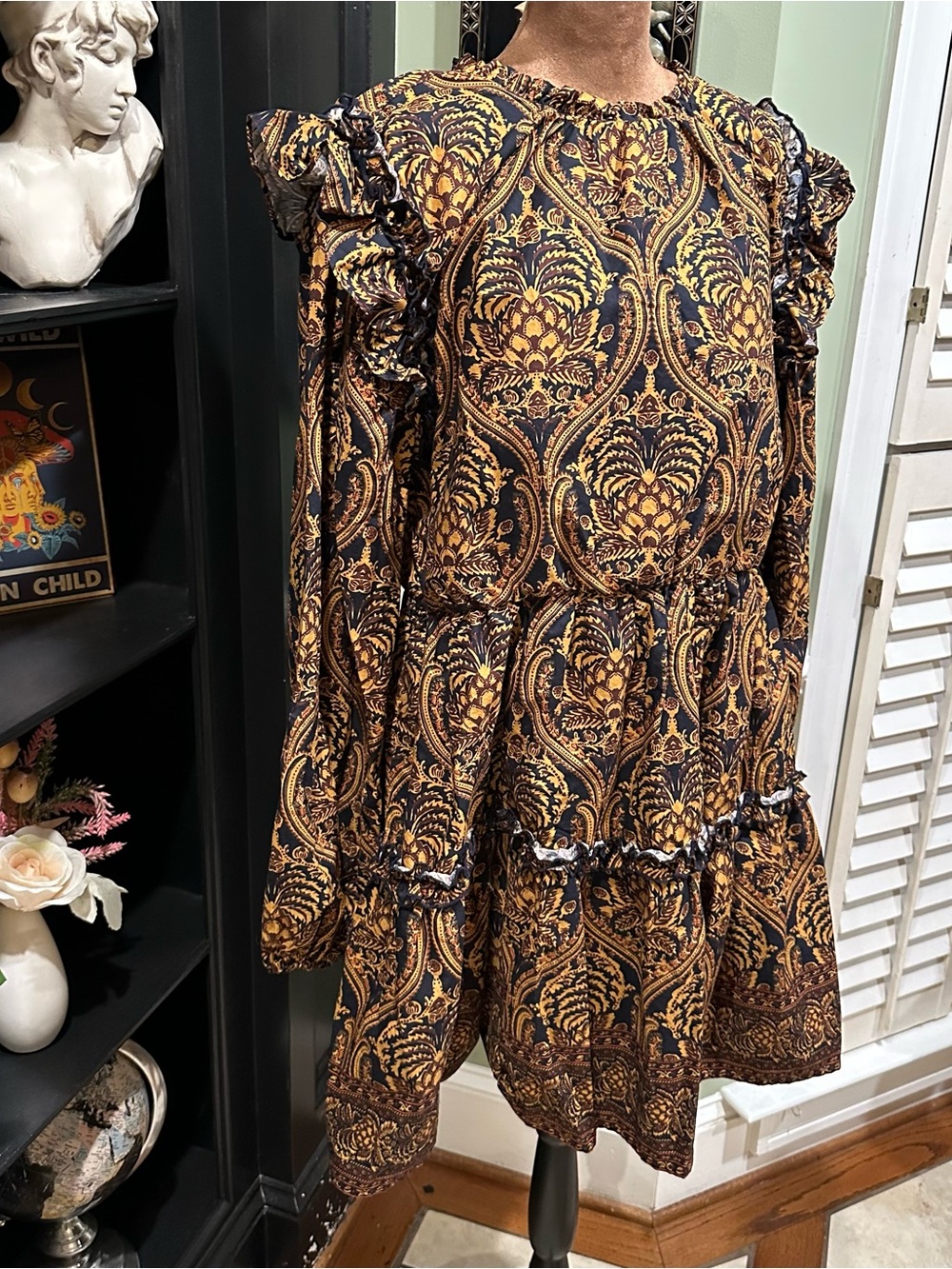 Anthropologie A Loves A Damask Print Voile Ruffle Dress – Size XL - Picture 3 of 13